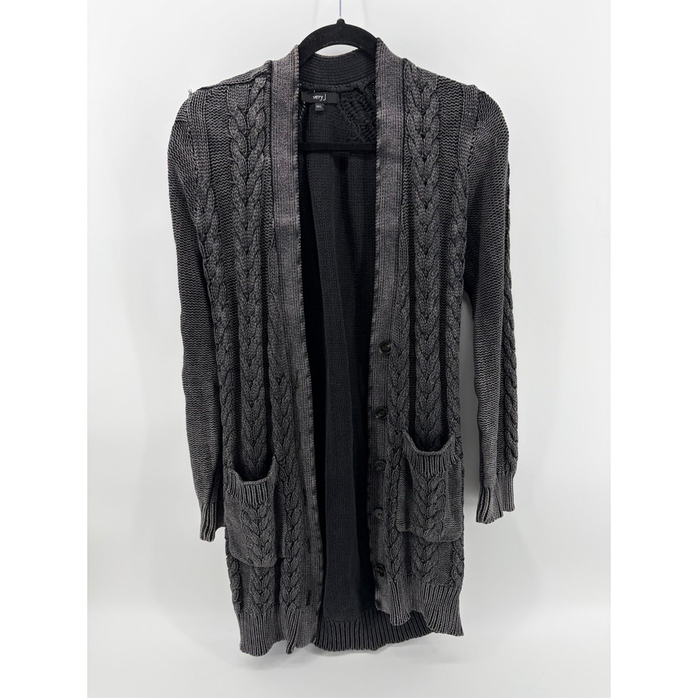 Very J, Long Charcoal Gray Cable-Knit Cardigan, Deep Front Pockets, Size M/L